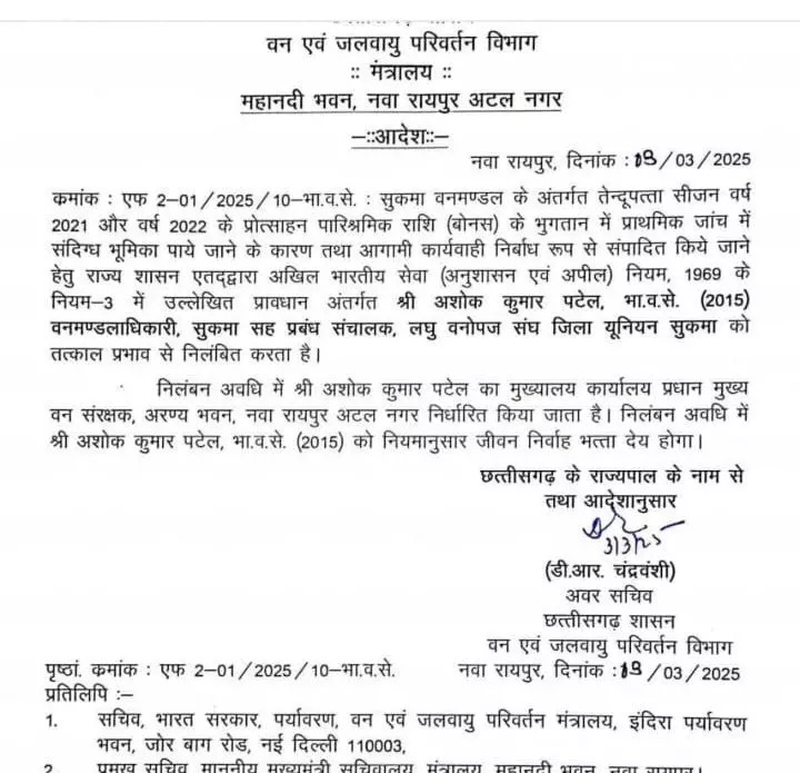छत्तीसगढ़ सरकार ने IFS अफसर अशोक कुमार पटेल को कर दिया निलंबित….