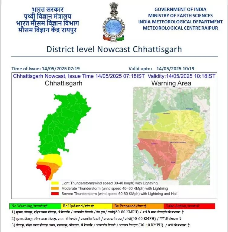 छत्तीसगढ़ में फिर बिगड़ेगा मौसम का मिजाज: 4 जिलों में रेड अलर्ट, ओलावृष्टि और तेज आंधी की चेतावनी