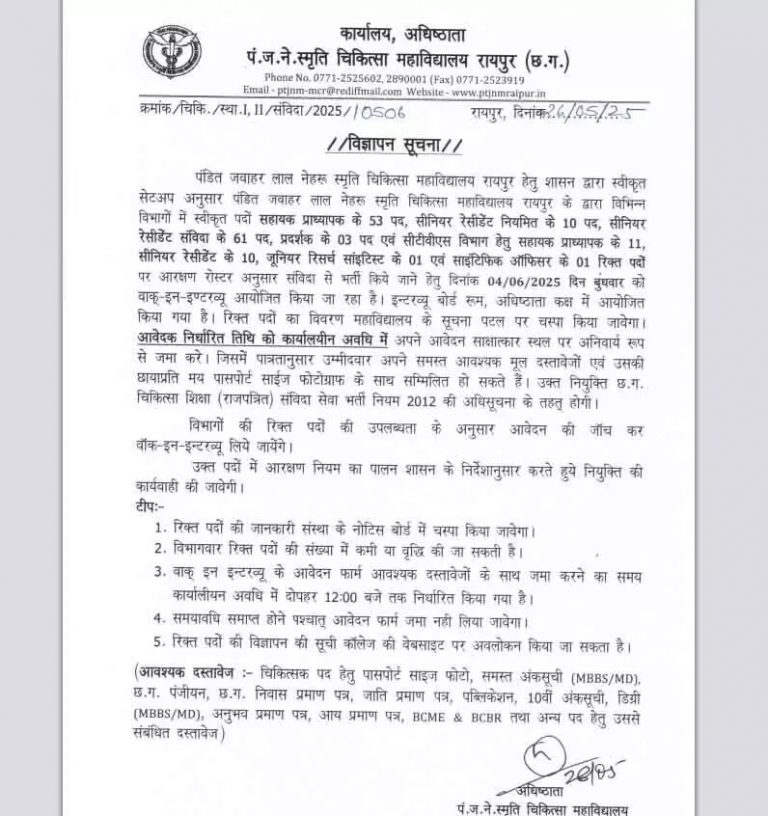 रायपुर मेडिकल कॉलेज में विभिन्न पदों पर बंपर भर्ती – बिना परीक्षा, सीधा इंटरव्यू!