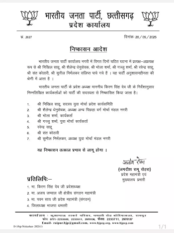 छत्तीसगढ़ BJP में बड़ी कार्रवाई: 7 नेता पार्टी से 6 साल के लिए निष्कासित...